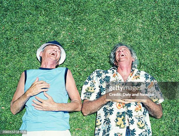 two mature men lying on grass, laughing, overhead view - lachen stockfoto's en -beelden