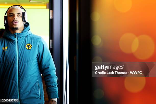 Mario Lemina of Wolverhampton Wanderers arrives at the stadium ahead of the Premier League match between Wolverhampton Wanderers and Brentford FC at...