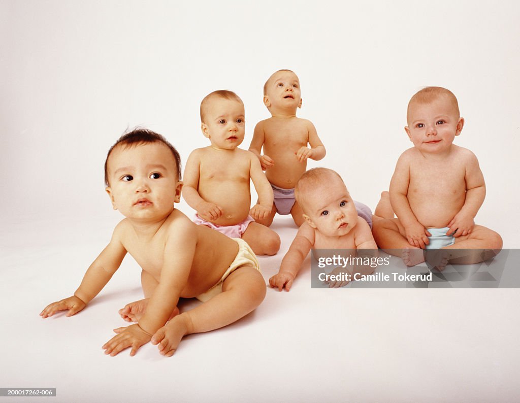 Five babies (3-9 months) wearing diapers