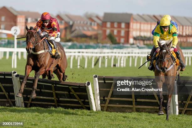 Tom Cannon riding Emitom clear the last won The Betfair Serial Winners Fund Handicap Hurdle at Newbury Racecourse on February 10, 2024 in Newbury,...