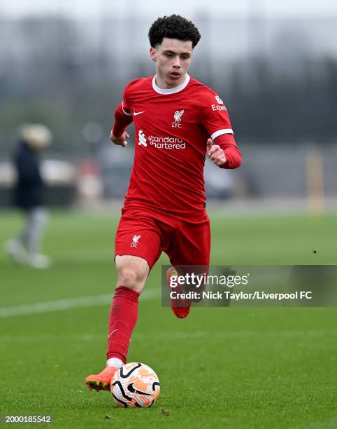 Kieran Morrison of Liverpool in action during the U18 Premier League game at AXA Training Centre on February 10, 2024 in Kirkby, England.