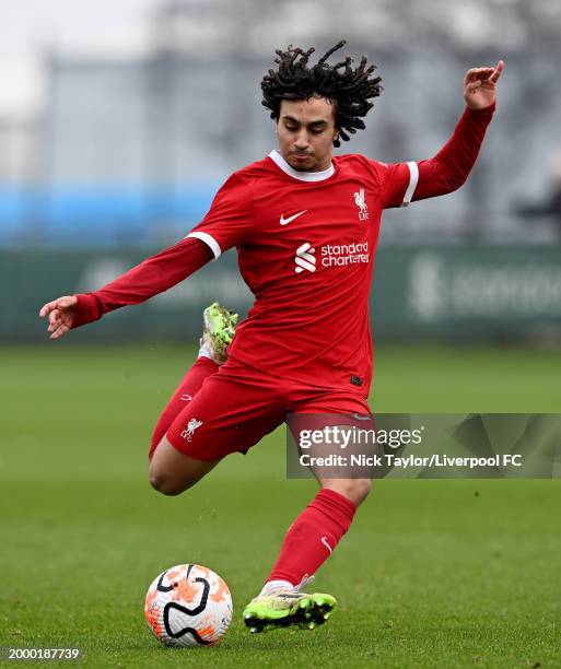 Kareem Ahmed of Liverpool in action during the U18 Premier League game at AXA Training Centre on February 10, 2024 in Kirkby, England.