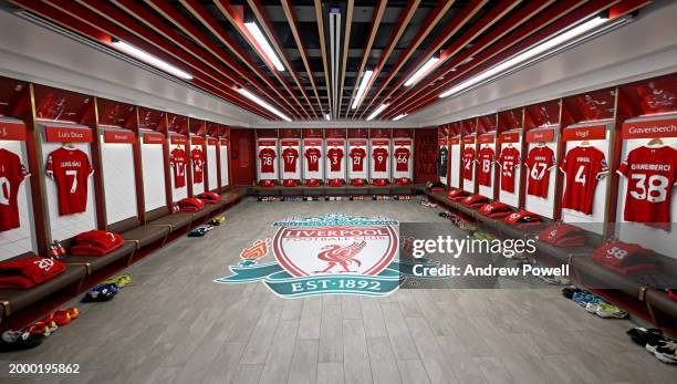 Liverpool dressing room before the Premier League match between Liverpool FC and Burnley FC at Anfield on February 10, 2024 in Liverpool, England.