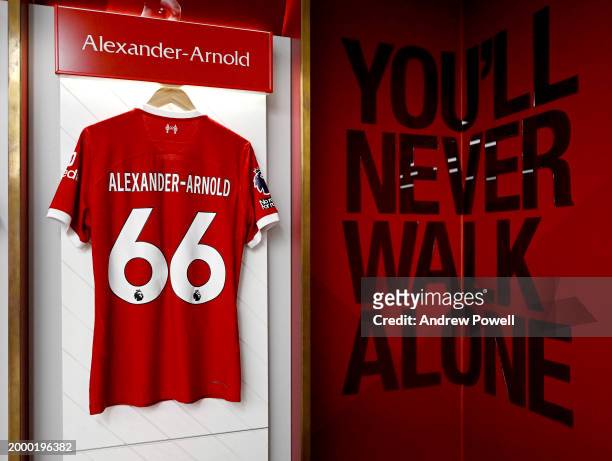 Liverpool dressing room before the Premier League match between Liverpool FC and Burnley FC at Anfield on February 10, 2024 in Liverpool, England.