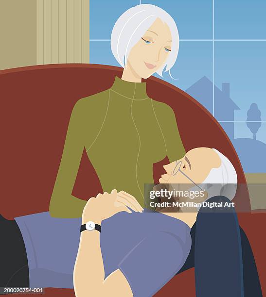 mature man laying head in mature woman's lap - mature couple talking stock illustrations
