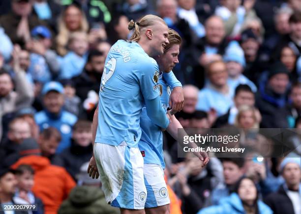 Erling Haaland of Manchester City celebrates with team mate Kevin De Bruyne scoring his team's second goal during the Premier League match between...