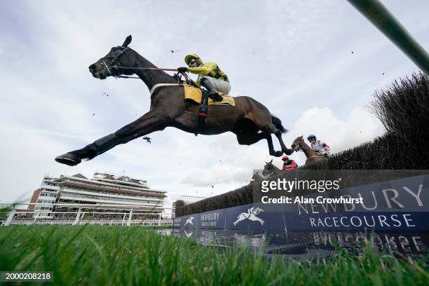 Nico de Boinville riding Shishkin clear the water jump before going on to win The Betfair Denman Chase at Newbury Racecourse on February 10, 2024 in...