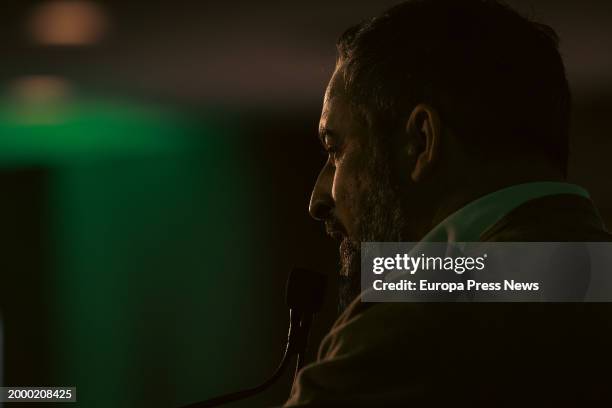 Leader Santiago Abascal speaks during a VOX campaign event at the Hotel Los Abetos on February 10 in Santiago de Compostela, A Coruña, Galicia,...