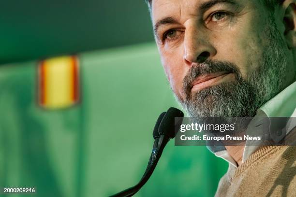 Leader Santiago Abascal speaks during a VOX campaign event at the Hotel Los Abetos on February 10 in Santiago de Compostela, A Coruña, Galicia,...