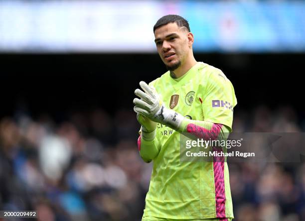Ederson of Manchester City applauds the fans following the Premier League match between Manchester City and Everton FC at Etihad Stadium on February...