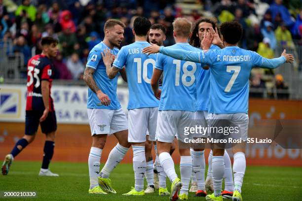 Lazio players celebrate the opening goal after Alessandro Deiola of Cagliari scored an own goal during the Serie A TIM match between Cagliari and SS...
