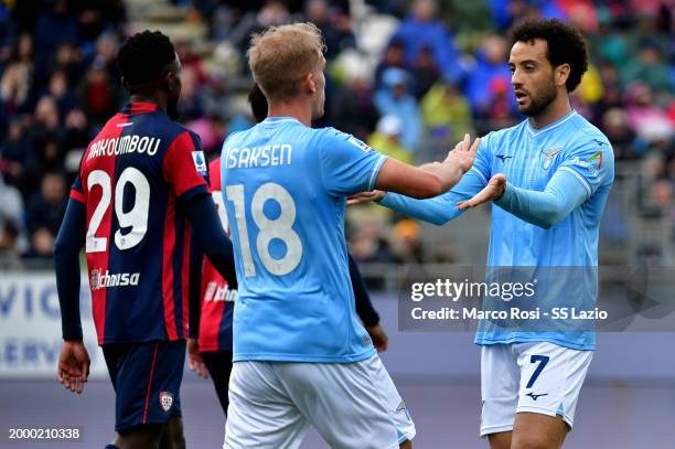 Lazio players celebrate the opening goal after Alessandro Deiola of Cagliari scored an own goal during the Serie A TIM match between Cagliari and SS...