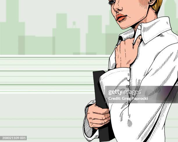 woman standing with hand at chest, mid section - holding binder stock illustrations