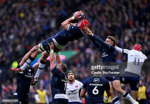 Grant Gilchrist of Scotland wins the ball during the Guinness Six Nations 2024 match between Scotland and France at BT Murrayfield Stadium on...