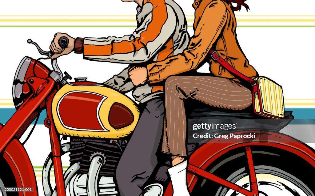 Couple riding motorcycle, mid section, side view