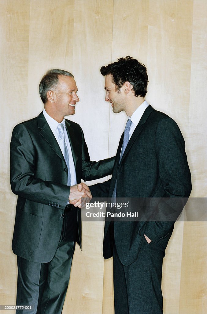Two businessmen shaking hands, smiling