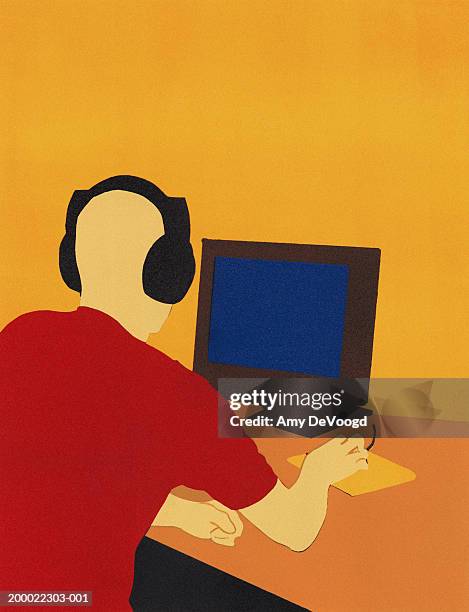 man working on computer, wearing headphones, rear view - looking over shoulder computer stock illustrations