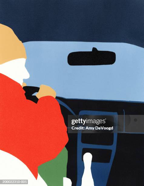 man driving, looking over shoulder, view from back seat - view from back seat stock illustrations