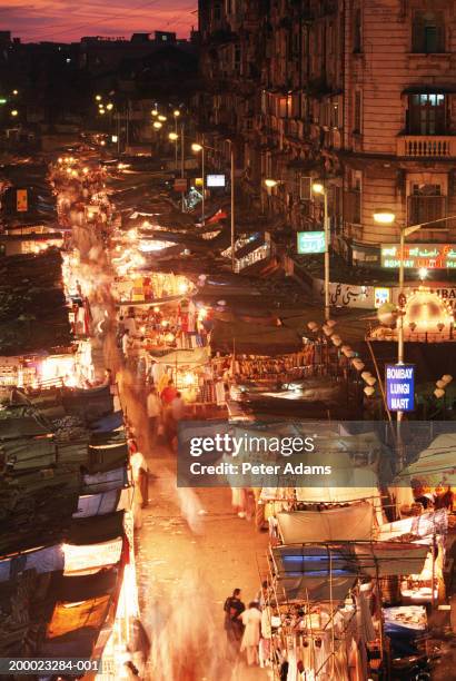 india, mumbai, open-air market, night, elevated view - mumbai market stock pictures, royalty-free photos & images