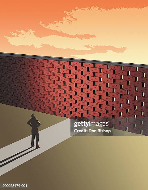 man standing in front of tall brick wall, hands on hips, elevated view - single brick stock illustrations
