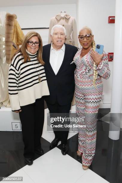 Fern Mallis, Dennis Basso and Rolonda Watts attend the Dennis Basso - Presentation - February 2024 New York Fashion Week on February 09, 2024 in New...