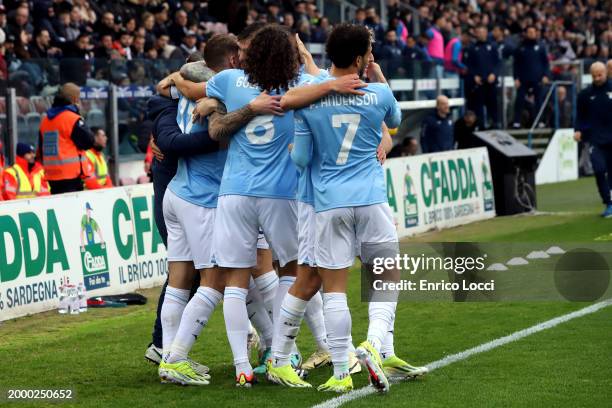 The players of Lazio celebrate their goal 0-1 during the Serie A TIM match between Cagliari and SS Lazio - Serie A TIM at Sardegna Arena on February...