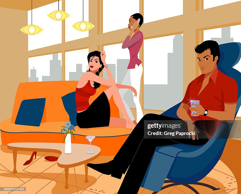 Young man and women hanging out in urban apartment