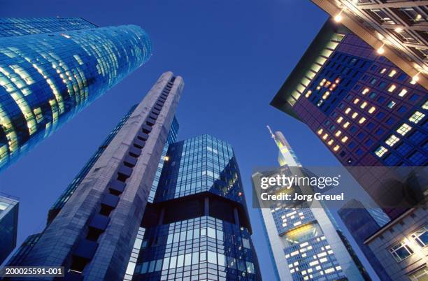 germany, hesse, frankfurt, downtown office buildings, low angle view - bankenviertel stock-fotos und bilder
