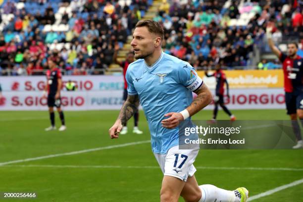 Ciro Immobile of Lazio celebrates his goal 0-2 during the Serie A TIM match between Cagliari and SS Lazio - Serie A TIM at Sardegna Arena on February...