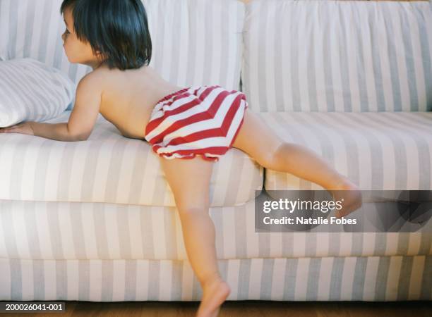 girl (21-24 months) climbing on sofa, rear view - one baby girl only bildbanksfoton och bilder