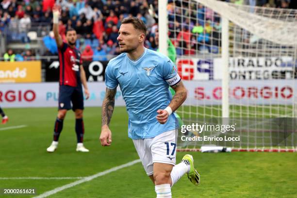 Ciro Immobile of Lazio celebrates his goal 0-2 during the Serie A TIM match between Cagliari and SS Lazio - Serie A TIM at Sardegna Arena on February...