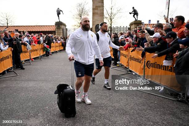 Joe Marler and Ellis Genge of England arrive at the stadium, as they walk through the The Rowland Hill Memorial Gates, prior to the Guinness Six...