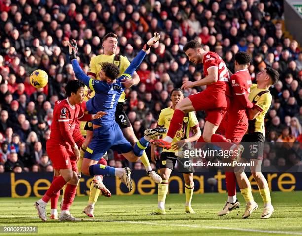 Diogo Jota of Liverpool scoring the opening goal during the Premier League match between Liverpool FC and Burnley FC at Anfield on February 10, 2024...