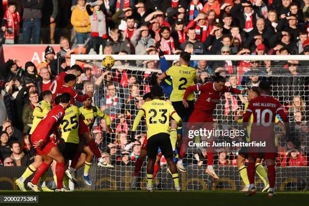 Diogo Jota of Liverpool scores his team's first goal during the Premier League match between Liverpool FC and Burnley FC at Anfield on February 10,...