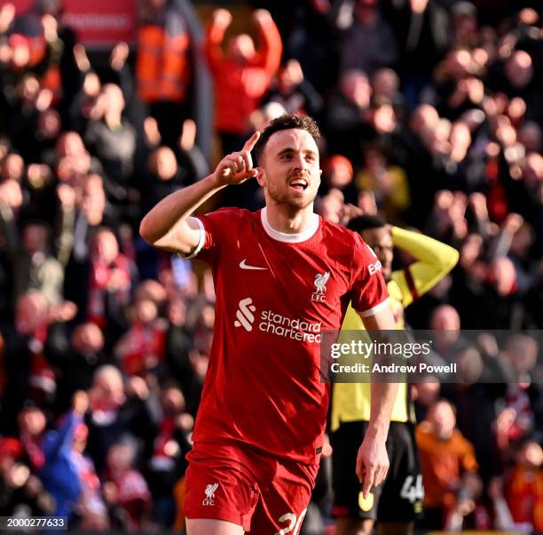 Diogo Jota of Liverpool celebrates after scoring the opening goal during the Premier League match between Liverpool FC and Burnley FC at Anfield on...