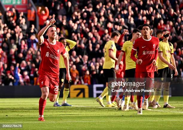 Diogo Jota of Liverpool celebrates after scoring the opening goal during the Premier League match between Liverpool FC and Burnley FC at Anfield on...