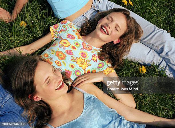 three teenage girls (13-16) lying in field, elevated view - middle sibling stock pictures, royalty-free photos & images