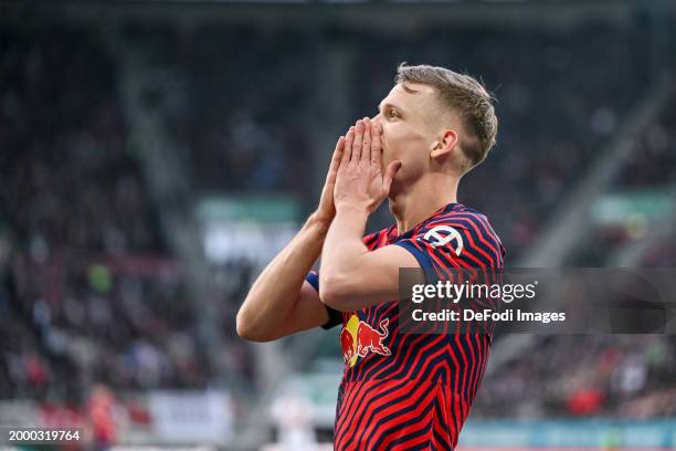 Dani Olmo of RB Leipzig gestures during the Bundesliga match between FC Augsburg and RB Leipzig at WWK-Arena on February 10, 2024 in Augsburg,...