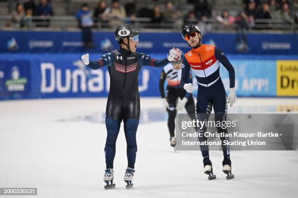 Andrew Heo of the United States for Team United States celebrates after winning Mixed Team 2000m Relay for Team United States during the ISU World...