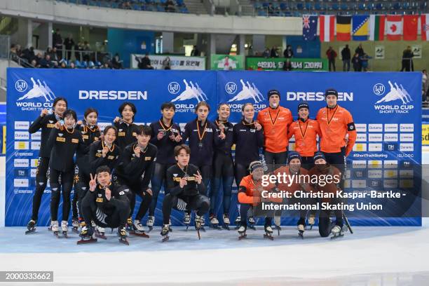 Team Korea , Team USA and Team Netherlands pose for a photo after medal ceremony of Mixed Team 2000m Relay Final A race during the ISU World Cup...