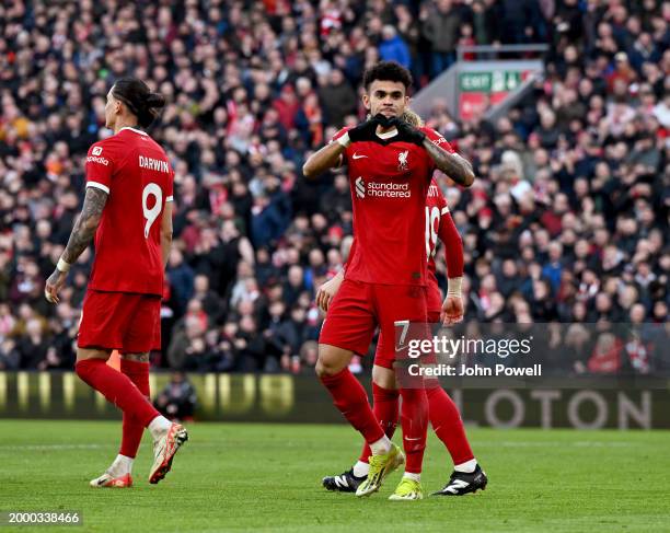 Luis Diaz of Liverpool celebrates after scoring the second goal during the Premier League match between Liverpool FC and Burnley FC at Anfield on...