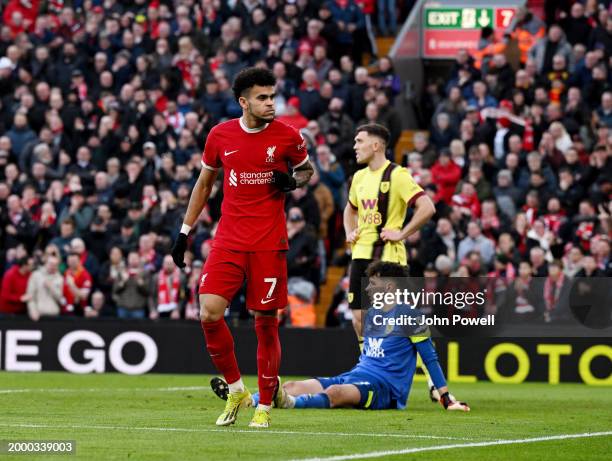 Luis Diaz of Liverpool celebrates after scoring the second goal during the Premier League match between Liverpool FC and Burnley FC at Anfield on...