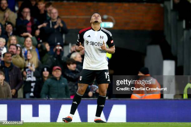 Rodrigo Muniz of Fulham celebrates scoring his team's third goal during the Premier League match between Fulham FC and AFC Bournemouth at Craven...