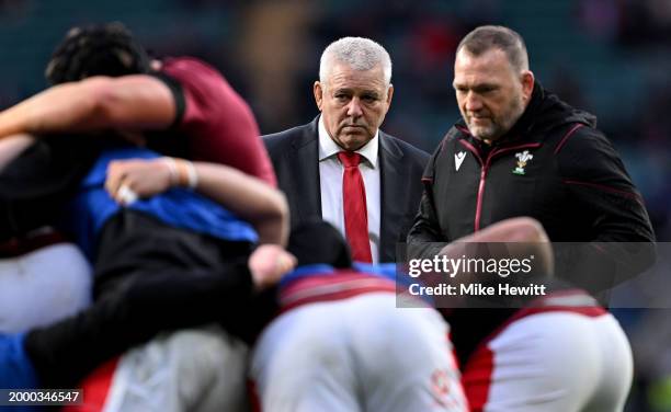 Warren Gatland, Head Coach of Wales, looks on as the team warms up prior to the Guinness Six Nations 2024 match between England and Wales at...