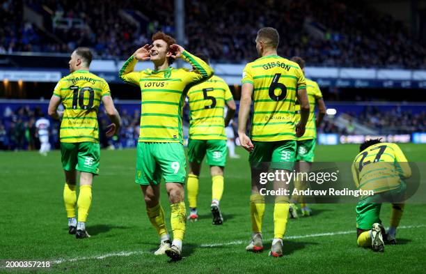 Josh Sargent of Norwich celebrates after scoring his side's second goal during the Sky Bet Championship match between Queens Park Rangers and Norwich...