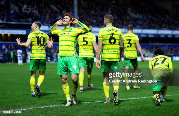 Josh Sargent of Norwich celebrates after scoring his side's second goal during the Sky Bet Championship match between Queens Park Rangers and Norwich...