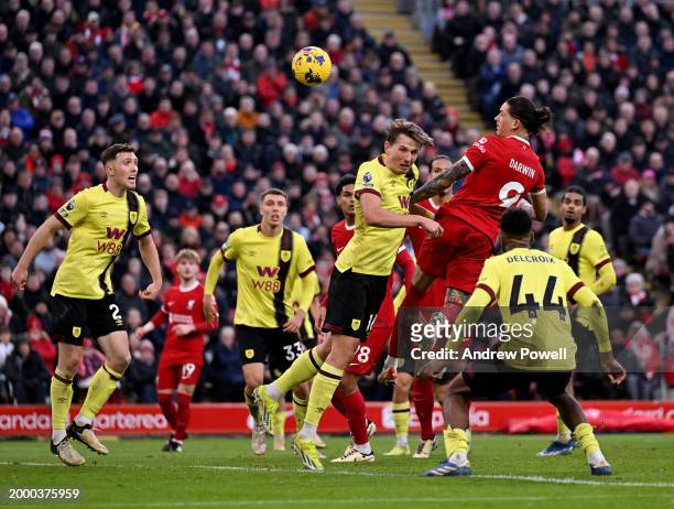 Darwin Nunez of Liverpool scoring the third goal making the score 3-1 during the Premier League match between Liverpool FC and Burnley FC at Anfield...
