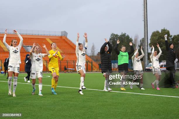 Roma players celebrate the victory after the Women Serie A match between Napoli and AS Roma at Stadio Comunale Giuseppe Piccolo on February 10, 2024...