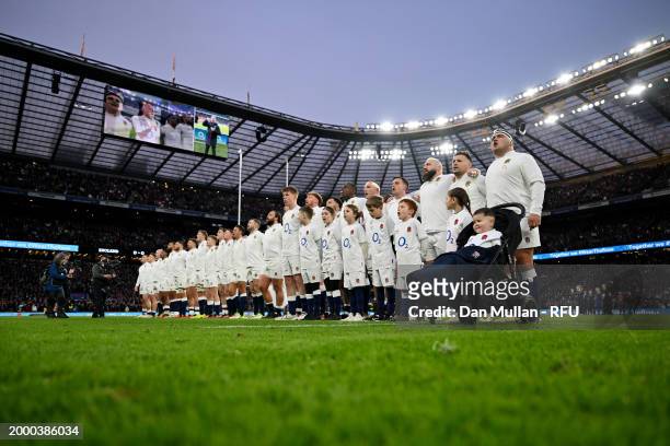 Players of England line up for the national anthem prior to the Guinness Six Nations 2024 match between England and Wales at Twickenham Stadium on...