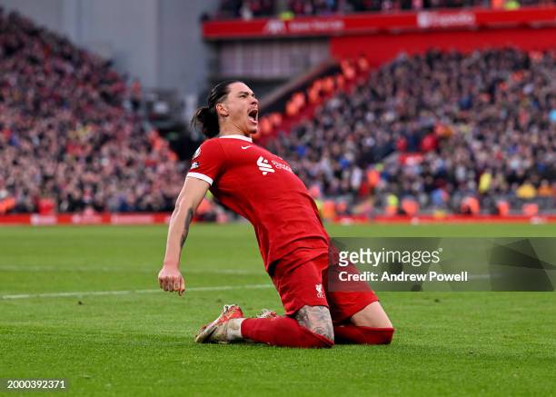 Darwin Nunez of Liverpool celebrates after scoring the third goal during the Premier League match between Liverpool FC and Burnley FC at Anfield on...